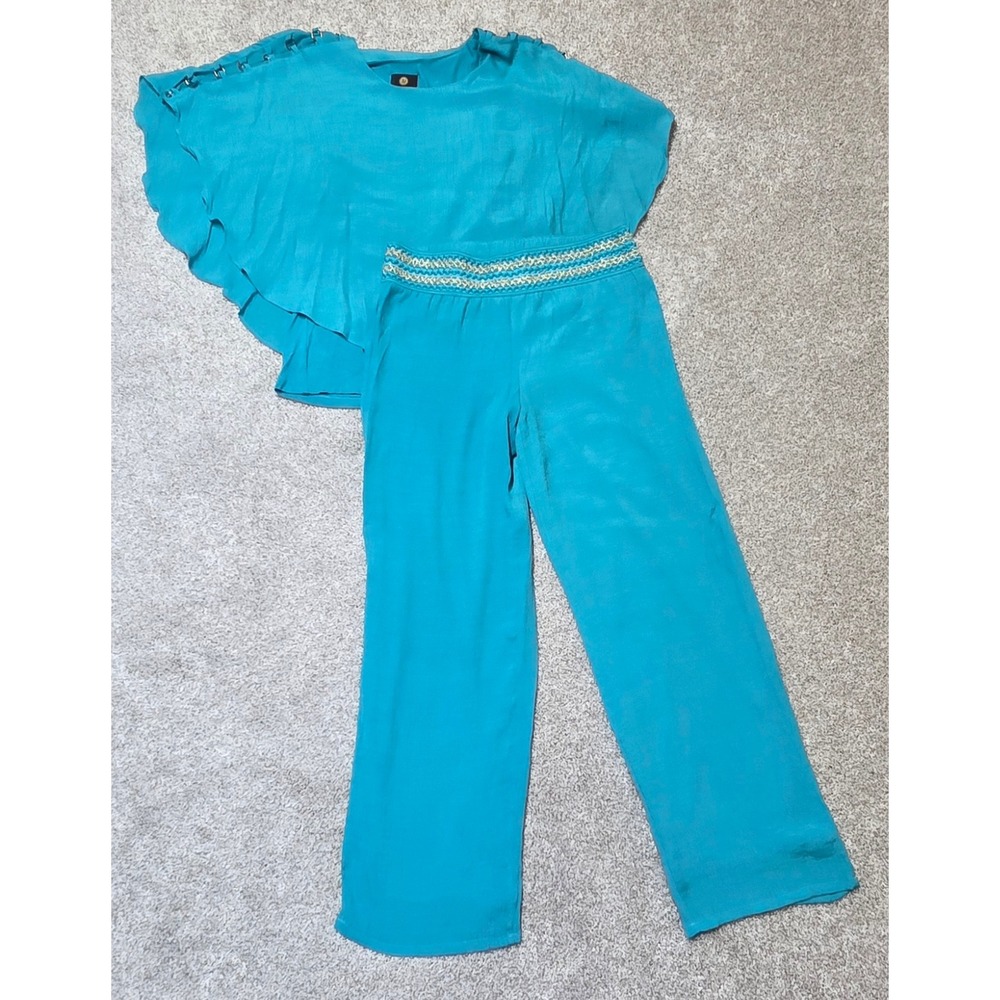 JM Collection Teal Blue 2 Piece Set Petite Small Poncho Top Pants sz PS
380